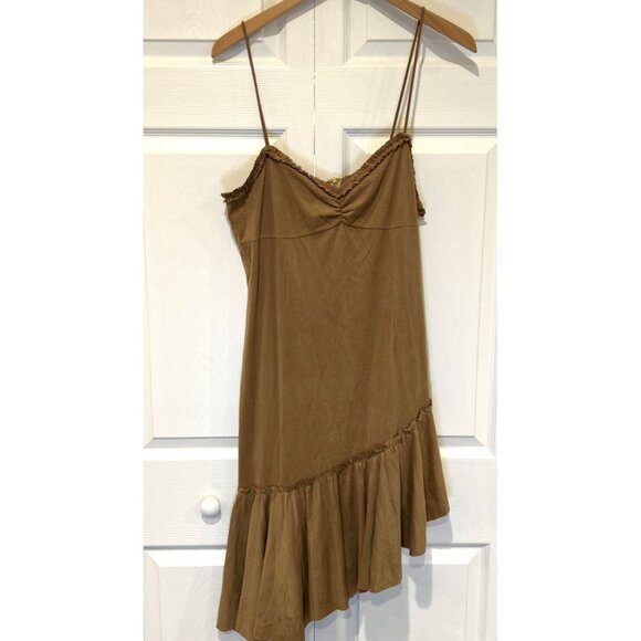 Vtg Unyx Dress Brown Faux Suede Asymmetrical Ruffle Western Goth Whimsy L Y2K - Picture 3 of 8